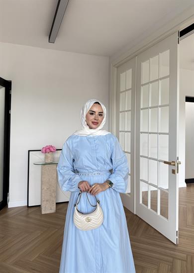 Sage Belden Oturtmalı Elbise Mavi