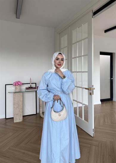 Sage Belden Oturtmalı Elbise Mavi