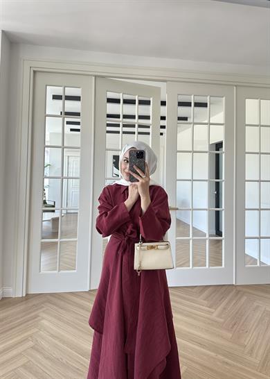 Şal Detaylı Tensel Elbise Bordo