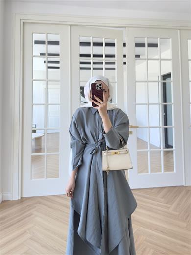 Şal Detaylı Tensel Elbise Petrol