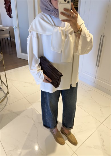 Şal Detaylı Sweatshirt Ekru