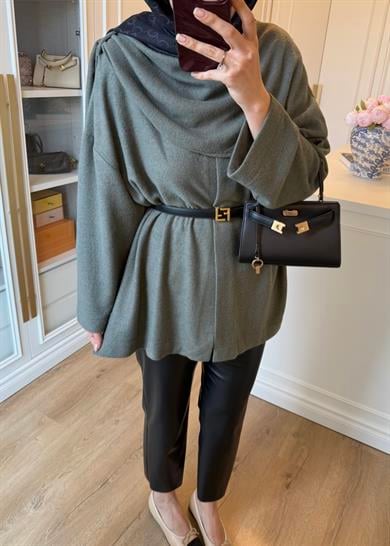 Şal Kapama Detaylı Hırka Haki