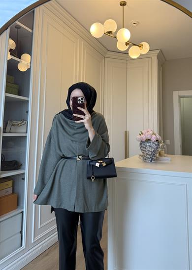 Şal Kapama Detaylı Hırka Haki