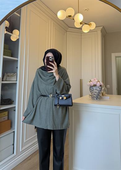 Şal Kapama Detaylı Hırka Haki