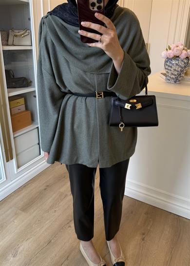 Şal Kapama Detaylı Hırka Haki