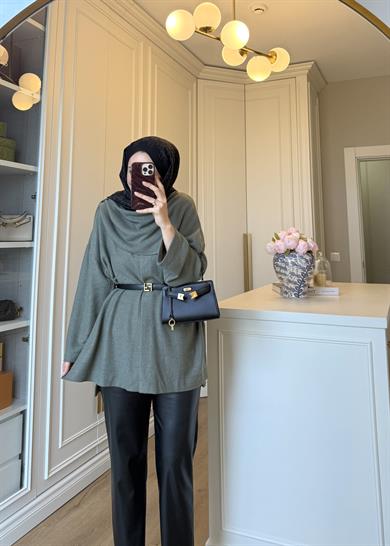 Şal Kapama Detaylı Hırka Haki