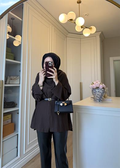 Şal Kapama Detaylı Hırka Kahverengi