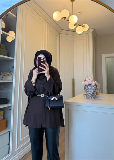 Şal Kapama Detaylı Hırka Kahverengi