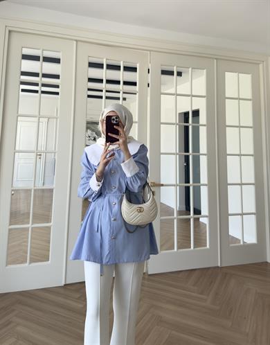 Selena Yaka Detaylı Çizgili Gömlek Mavi