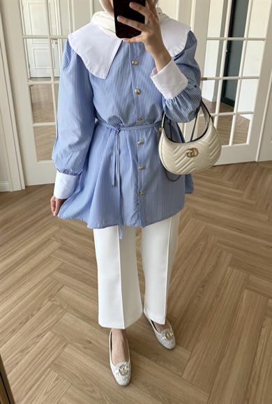 Selena Yaka Detaylı Çizgili Gömlek Mavi