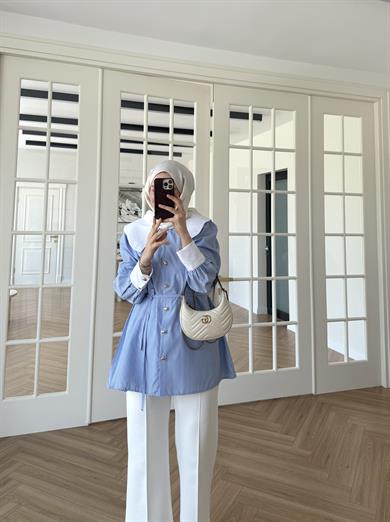 Selena Yaka Detaylı Çizgili Gömlek Mavi