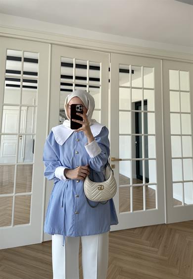 Selena Yaka Detaylı Çizgili Gömlek Mavi