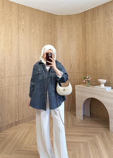 Senna Nakışlı Denim Ceket Lacivert