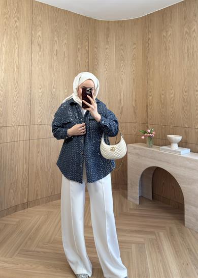 Senna Nakışlı Denim Ceket Lacivert