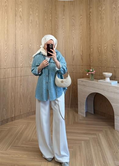 Senna Nakışlı Denim Ceket Mavi