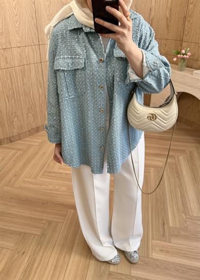 Senna Nakışlı Denim Ceket Mavi