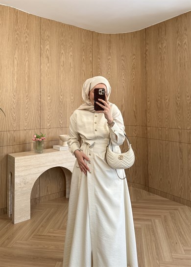 Seu Parçalı Gold Düğmeli Elbise Ekru