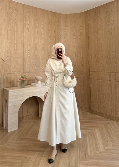 Seu Parçalı Gold Düğmeli Elbise Ekru