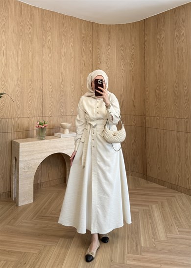 Seu Parçalı Gold Düğmeli Elbise Ekru