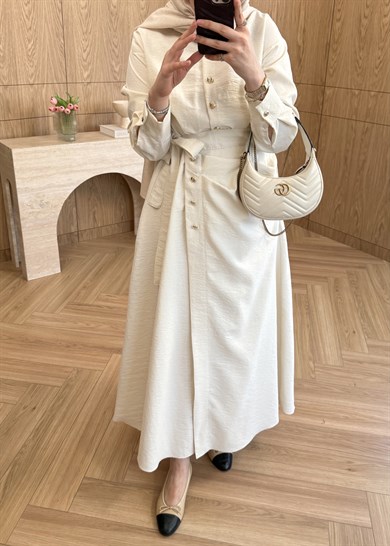 Seu Parçalı Gold Düğmeli Elbise Ekru