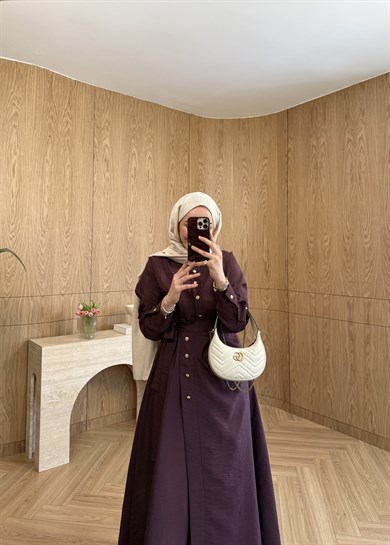 Seu Parçalı Gold Düğmeli Elbise Mürdüm 