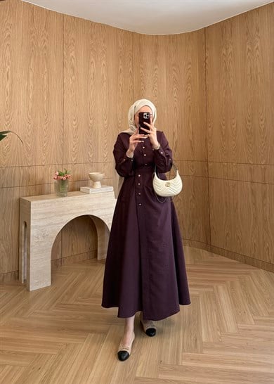 Seu Parçalı Gold Düğmeli Elbise Mürdüm 