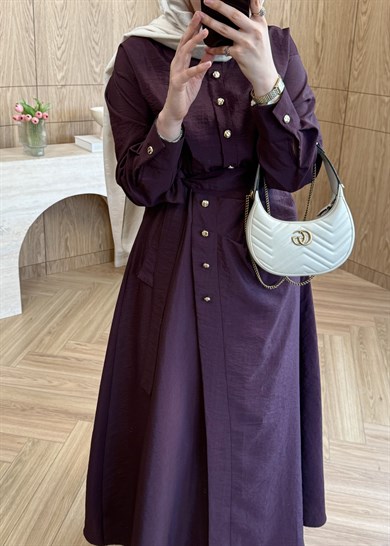 Seu Parçalı Gold Düğmeli Elbise Mürdüm 