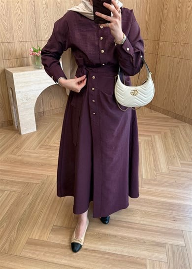 Seu Parçalı Gold Düğmeli Elbise Mürdüm 