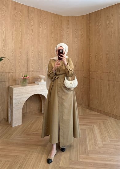 Seu Parçalı Gold Düğmeli Elbise Olive