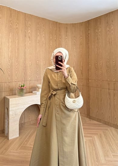Seu Parçalı Gold Düğmeli Elbise Olive
