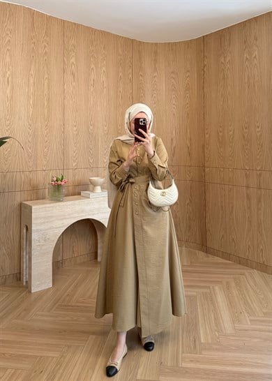 Seu Parçalı Gold Düğmeli Elbise Olive