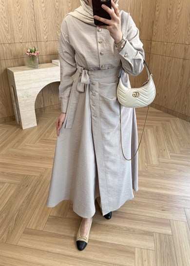 Seu Parçalı Gold Düğmeli Elbise Taş