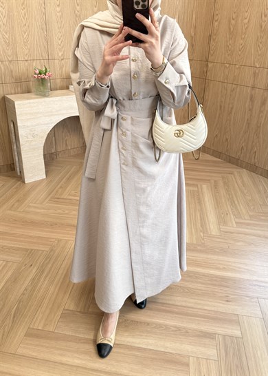 Seu Parçalı Gold Düğmeli Elbise Taş