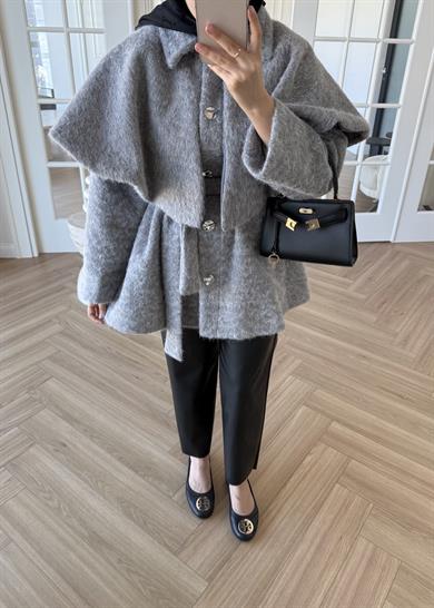 Simli Yaka Detaylı Kaşe Kaban Gri