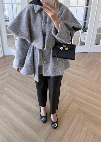 Simli Yaka Detaylı Kaşe Kaban Gri