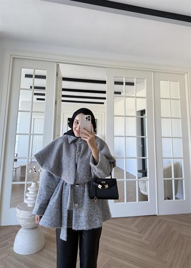 Simli Yaka Detaylı Kaşe Kaban Gri