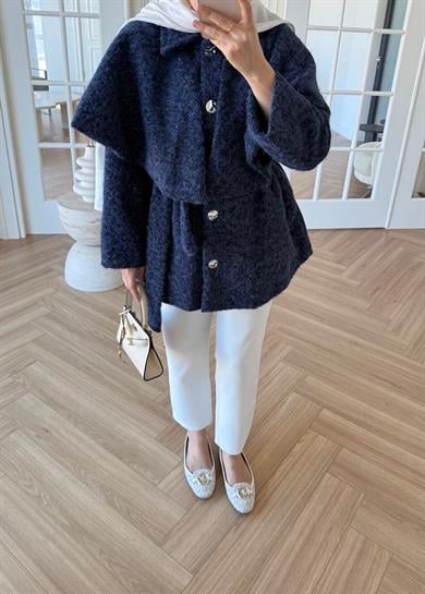 Simli Yaka Detaylı Kaşe Kaban Lacivert