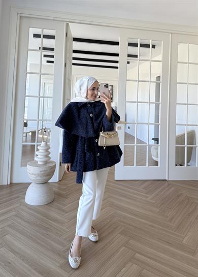 Simli Yaka Detaylı Kaşe Kaban Lacivert