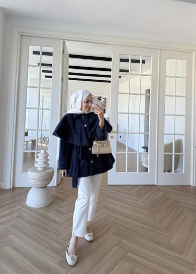 Simli Yaka Detaylı Kaşe Kaban Lacivert