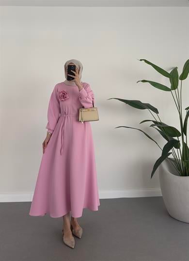 Sovera Gül Broşlu Elbise Pembe