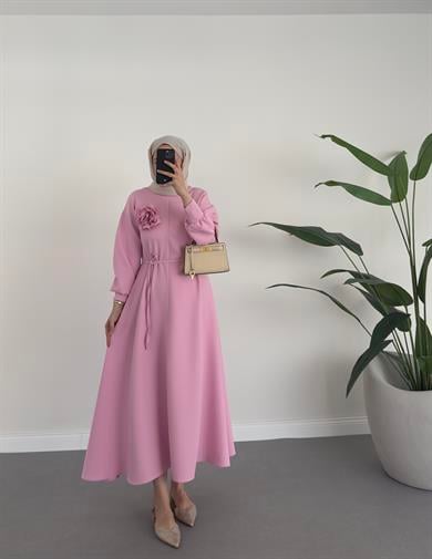 Sovera Gül Broşlu Elbise Pembe