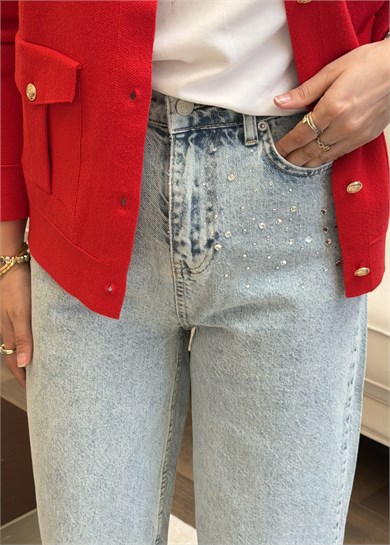 Taş Süslemeli Barrel Denim Pantolon