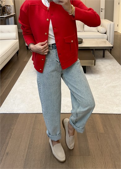 Taş Süslemeli Barrel Denim Pantolon