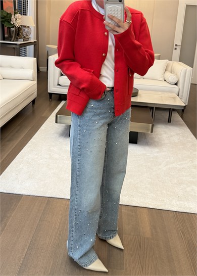 Taş ve Boncuk Detaylı Wide Leg Jean Pantolon