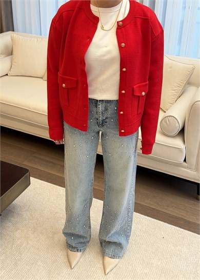 Taş ve Boncuk Detaylı Wide Leg Jean Pantolon