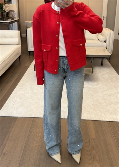 Taş ve Boncuk Detaylı Wide Leg Jean Pantolon