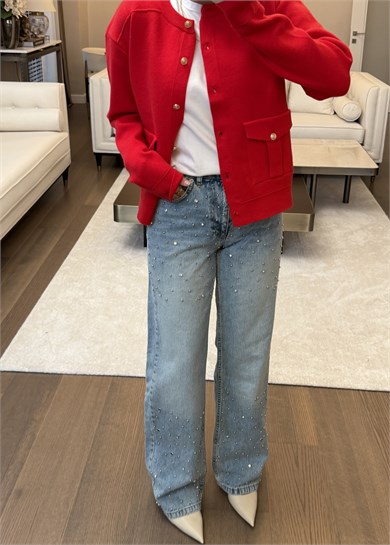 Taş ve Boncuk Detaylı Wide Leg Jean Pantolon