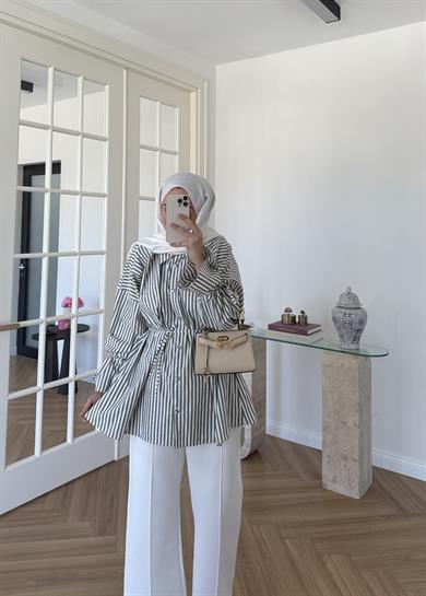 Taşlı Çizgili Poplin Gömlek 