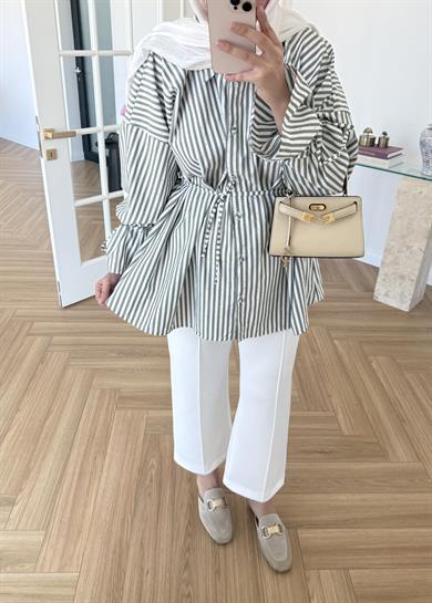 Taşlı Çizgili Poplin Gömlek 