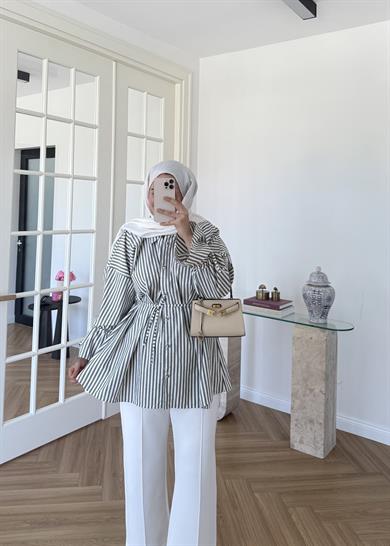 Taşlı Çizgili Poplin Gömlek 
